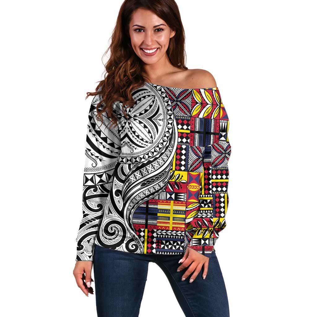 Niue Hiapo and Maori Decoration Tattoos Off Shoulder Sweater - Polynesian Pride