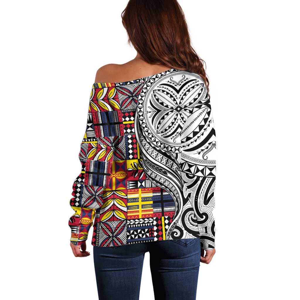 Niue Hiapo and Maori Decoration Tattoos Off Shoulder Sweater - Polynesian Pride