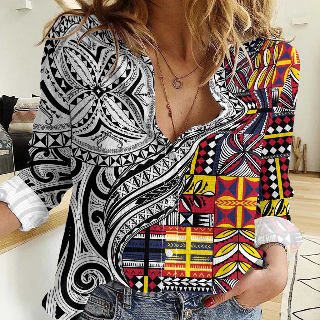 Niue Hiapo and Maori Decoration Tattoos Women Casual Shirt - Polynesian Pride