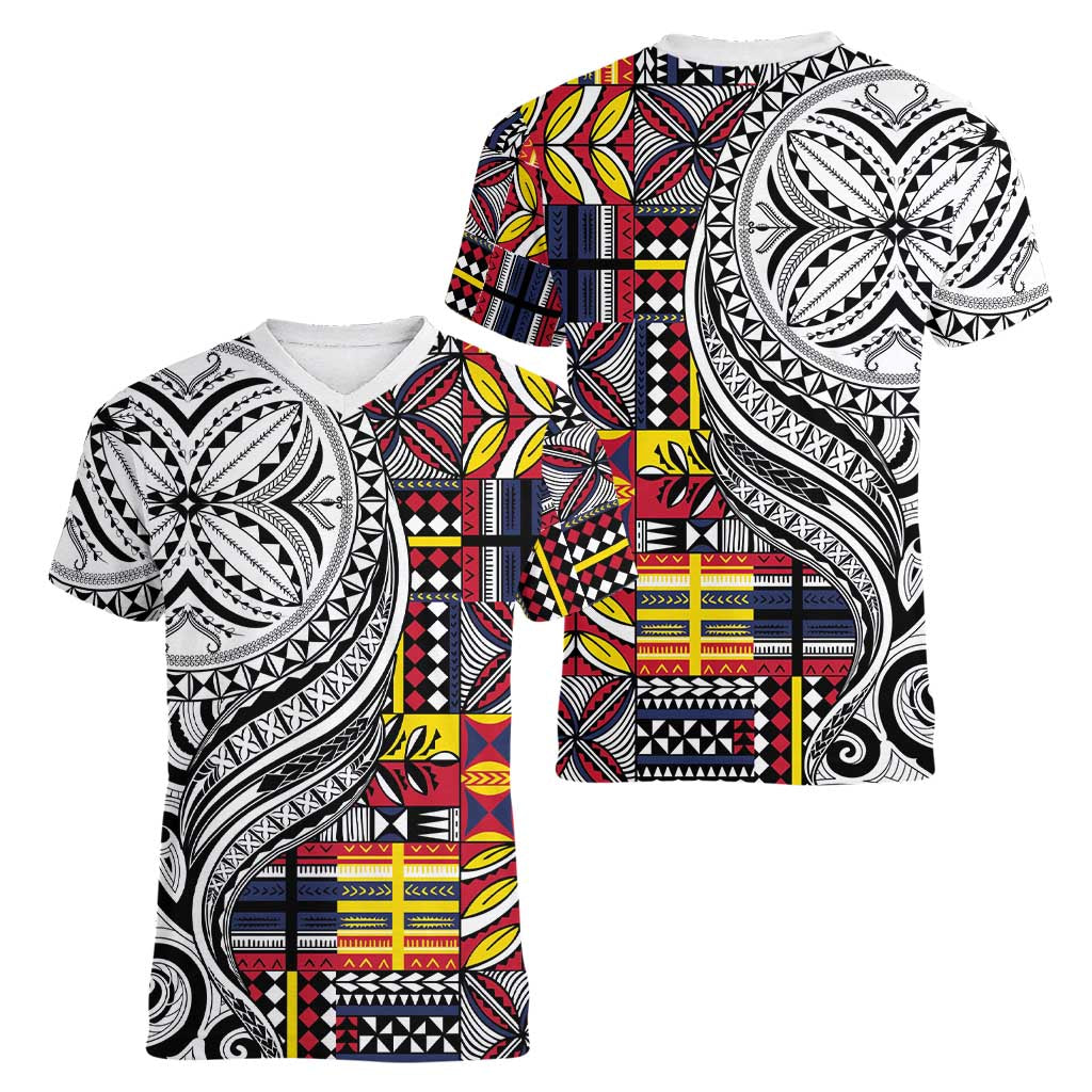 Niue Hiapo and Maori Decoration Tattoos Women V-Neck T-Shirt - Polynesian Pride