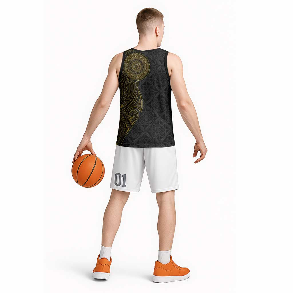 Niue Polynesian Hiapo Tattoo Art Basketball Jersey Half Style Black Gold Color - Polynesian Pride