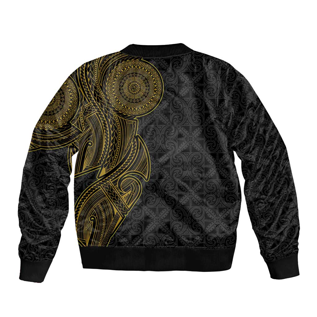 Niue Polynesian Hiapo Tattoo Art Bomber Jacket Half Style Black Gold Color - Polynesian Pride