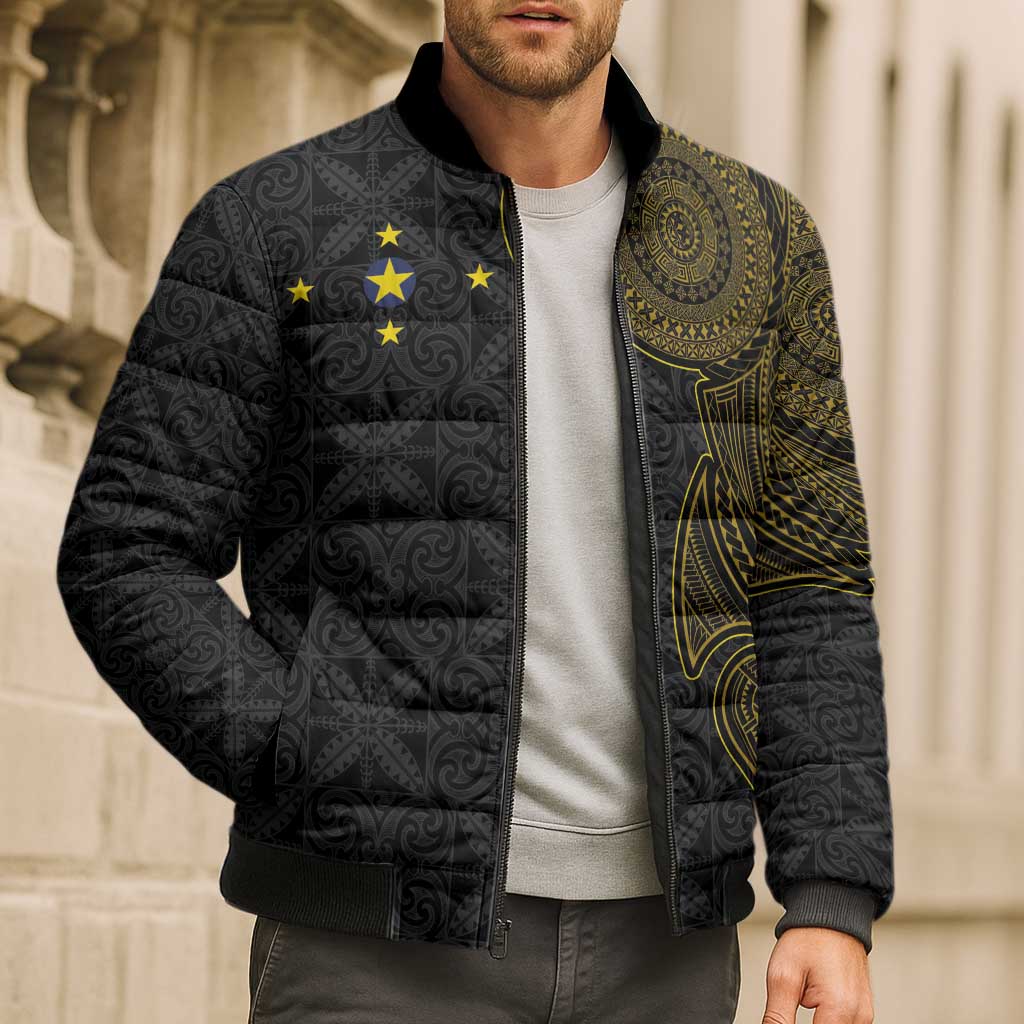 Niue Polynesian Hiapo Tattoo Art Bomber Puffer Jacket Half Style Black Gold Color - Polynesian Pride