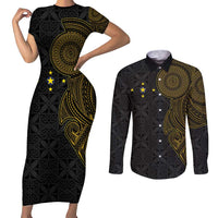 Niue Polynesian Hiapo Tattoo Art Couples Matching Short Sleeve Bodycon Dress and Long Sleeve Button Shirt Half Style Black Gold Color - Polynesian Pride