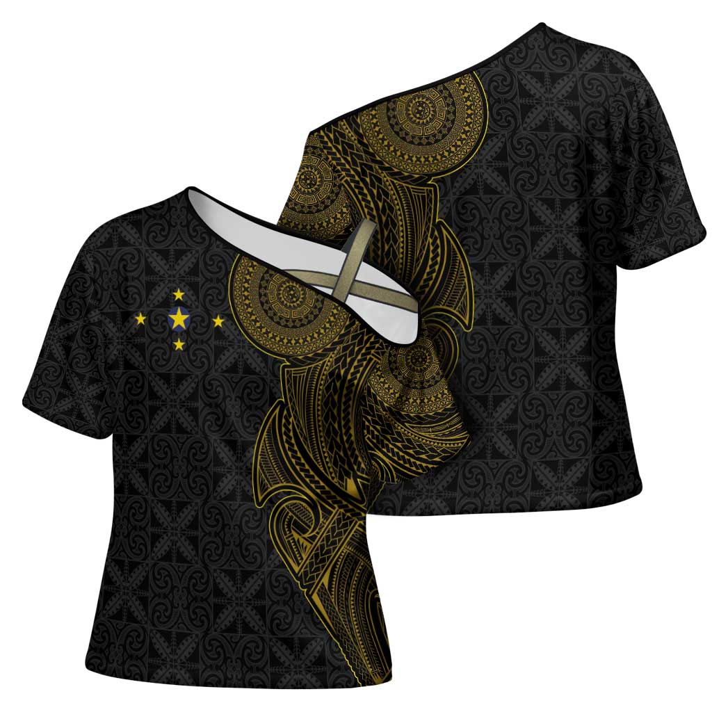 Niue Polynesian Hiapo Tattoo Art Cross Shoulder Shirt Half Style Black Gold Color - Polynesian Pride