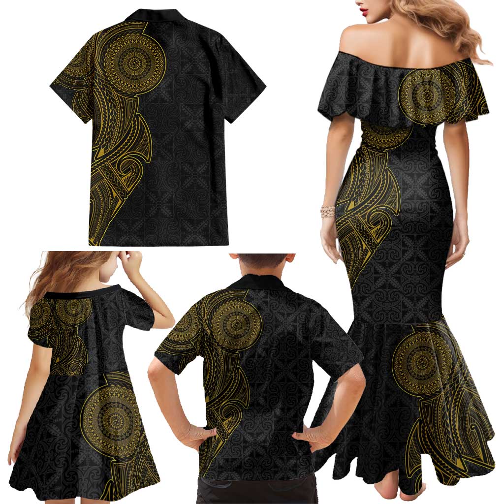 Niue Polynesian Hiapo Tattoo Art Family Matching Mermaid Dress and Hawaiian Shirt Half Style Black Gold Color - Polynesian Pride