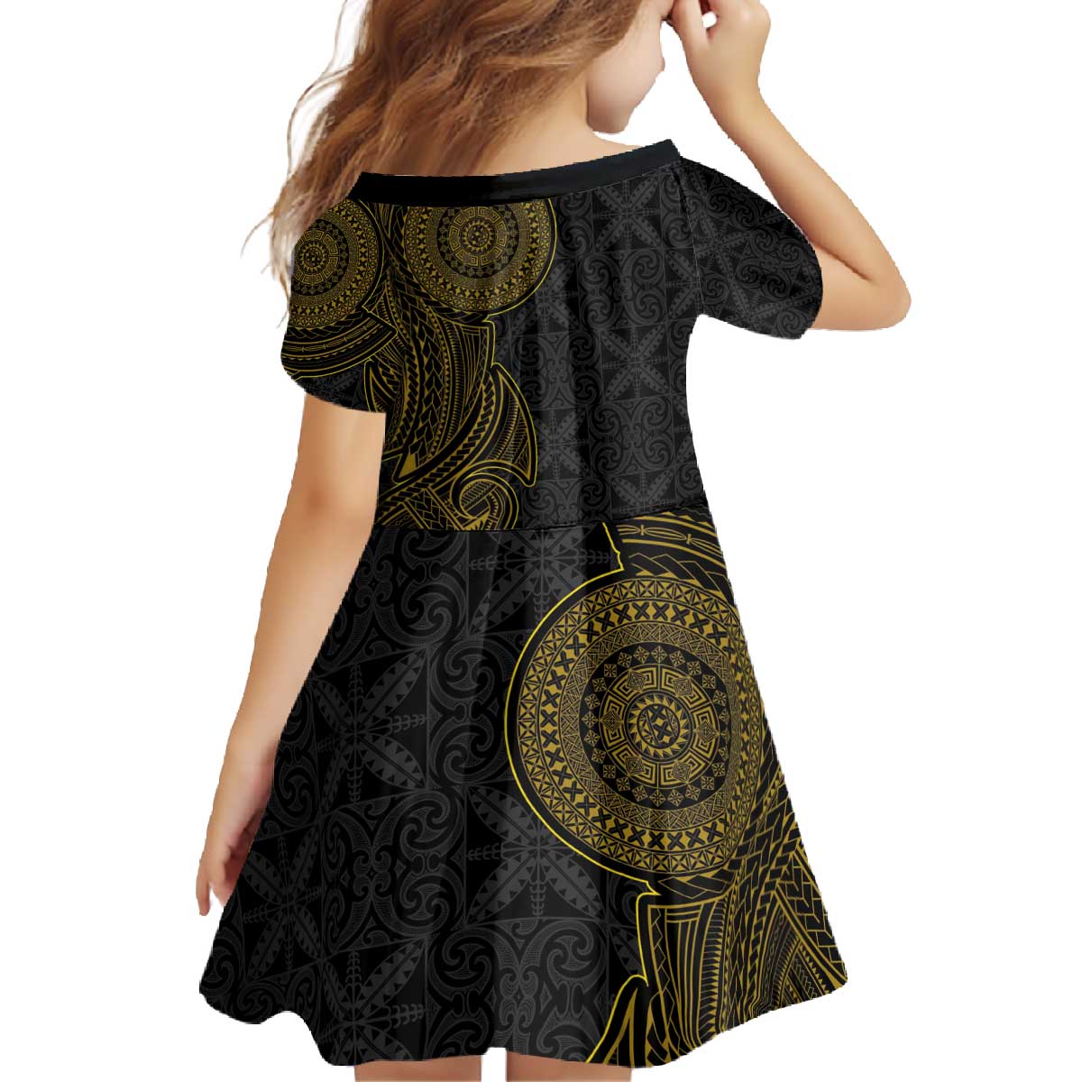 Niue Polynesian Hiapo Tattoo Art Family Matching Off The Shoulder Long Sleeve Dress and Hawaiian Shirt Half Style Black Gold Color - Polynesian Pride