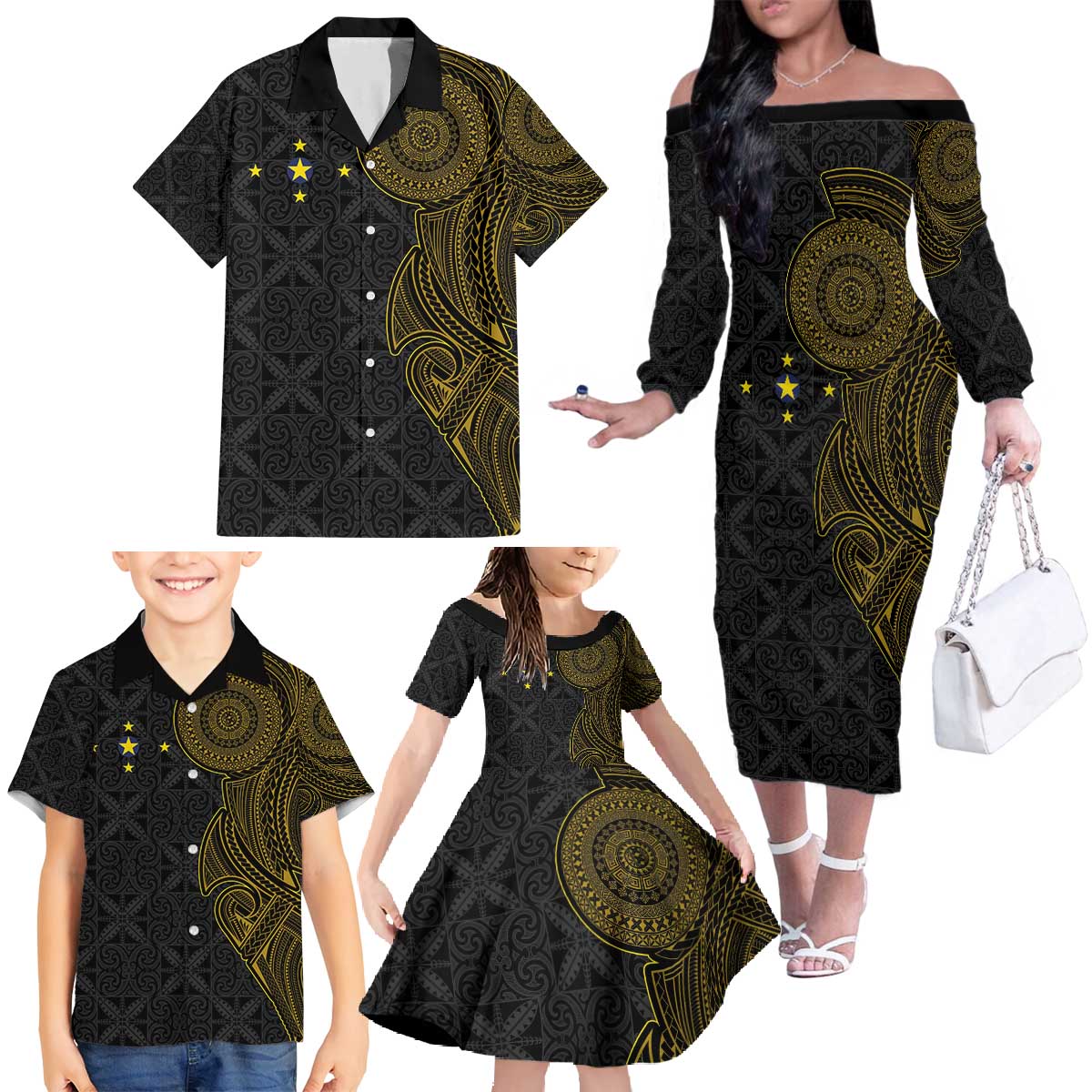 Niue Polynesian Hiapo Tattoo Art Family Matching Off The Shoulder Long Sleeve Dress and Hawaiian Shirt Half Style Black Gold Color - Polynesian Pride