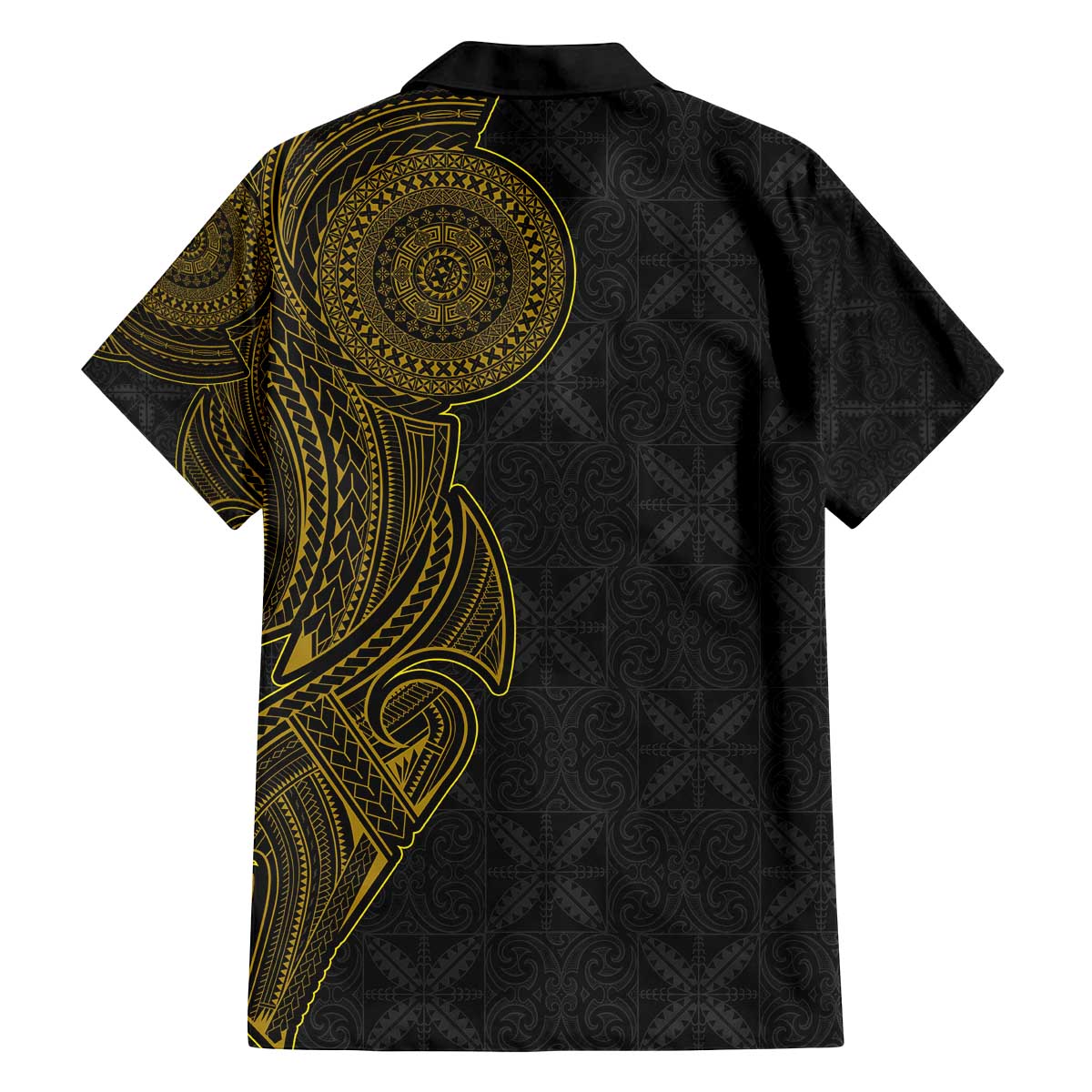 Niue Polynesian Hiapo Tattoo Art Family Matching Off The Shoulder Long Sleeve Dress and Hawaiian Shirt Half Style Black Gold Color - Polynesian Pride