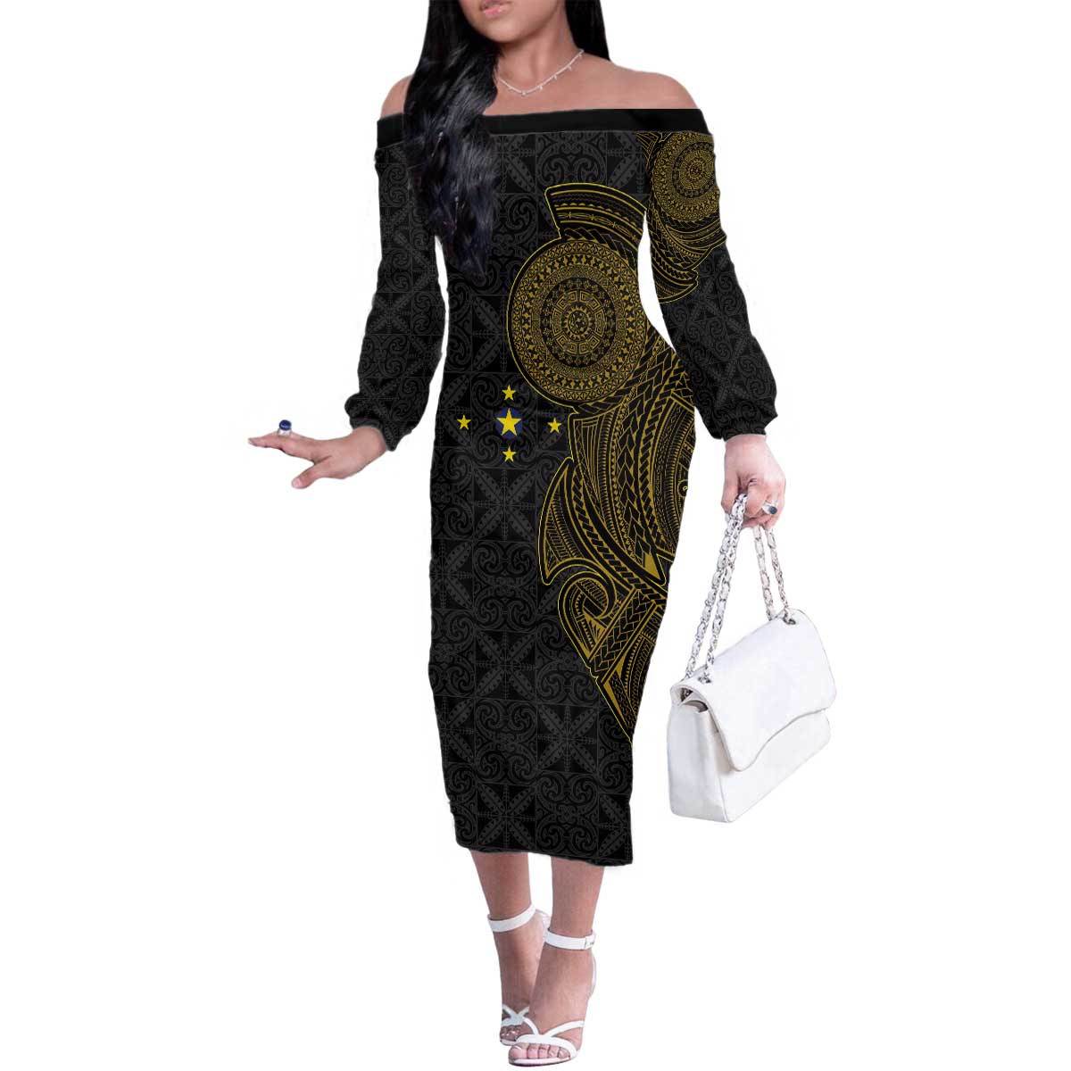 Niue Polynesian Hiapo Tattoo Art Family Matching Off The Shoulder Long Sleeve Dress and Hawaiian Shirt Half Style Black Gold Color - Polynesian Pride