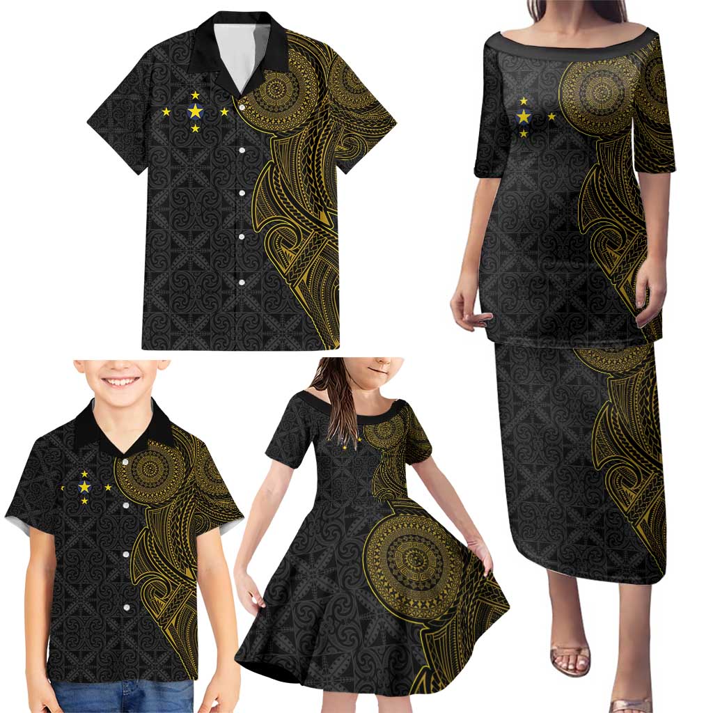 Niue Polynesian Hiapo Tattoo Art Family Matching Puletasi and Hawaiian Shirt Half Style Black Gold Color - Polynesian Pride