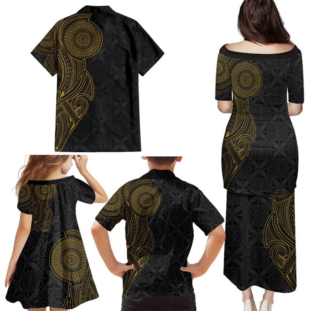 Niue Polynesian Hiapo Tattoo Art Family Matching Puletasi and Hawaiian Shirt Half Style Black Gold Color - Polynesian Pride