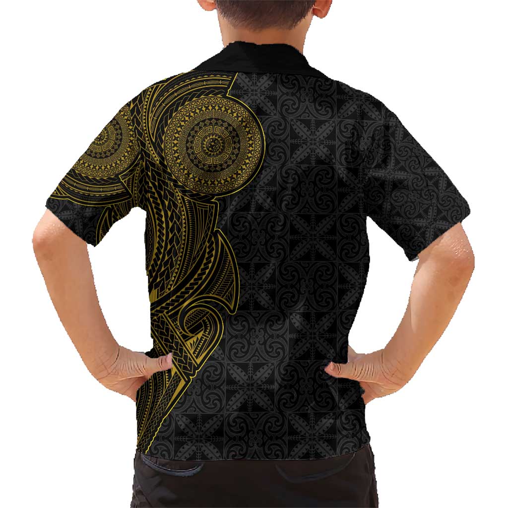 Niue Polynesian Hiapo Tattoo Art Family Matching Short Sleeve Bodycon Dress and Hawaiian Shirt Half Style Black Gold Color - Polynesian Pride