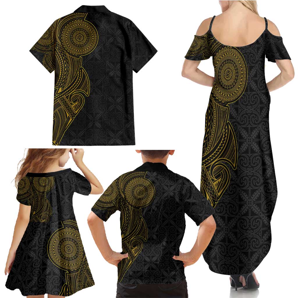 Niue Polynesian Hiapo Tattoo Art Family Matching Summer Maxi Dress and Hawaiian Shirt Half Style Black Gold Color - Polynesian Pride