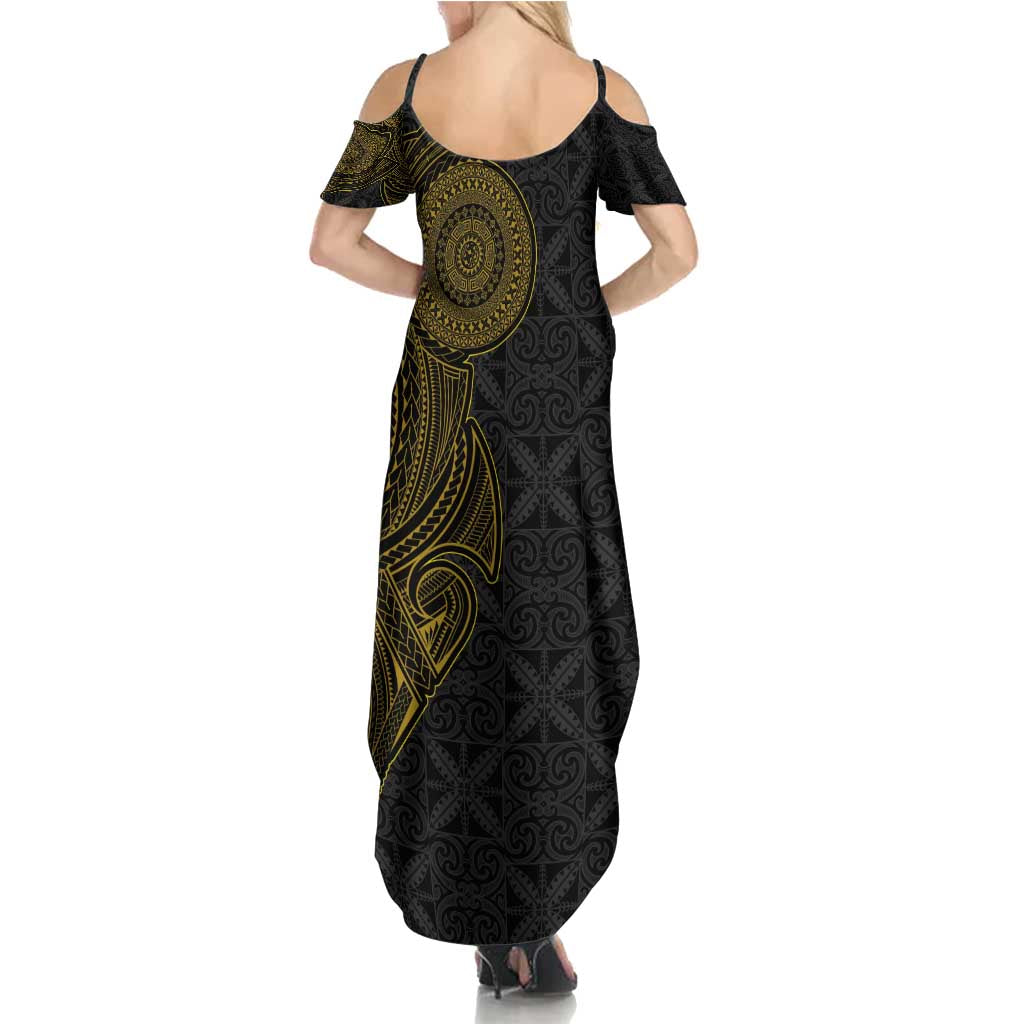 Niue Polynesian Hiapo Tattoo Art Family Matching Summer Maxi Dress and Hawaiian Shirt Half Style Black Gold Color - Polynesian Pride