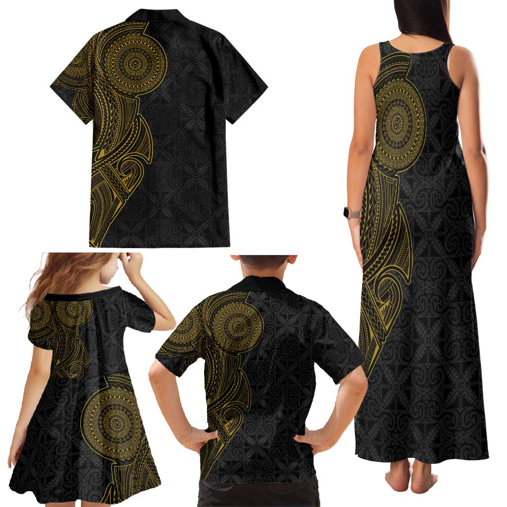 Niue Polynesian Hiapo Tattoo Art Family Matching Tank Maxi Dress and Hawaiian Shirt Half Style Black Gold Color - Polynesian Pride