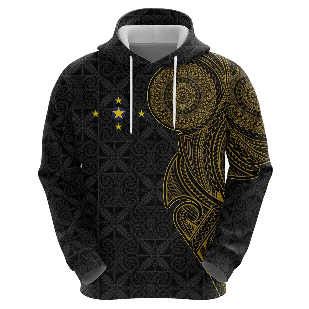 Niue Polynesian Hiapo Tattoo Art Hoodie Half Style Black Gold Color - Polynesian Pride