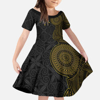 Niue Polynesian Hiapo Tattoo Art Kid Short Sleeve Dress Half Style Black Gold Color - Polynesian Pride