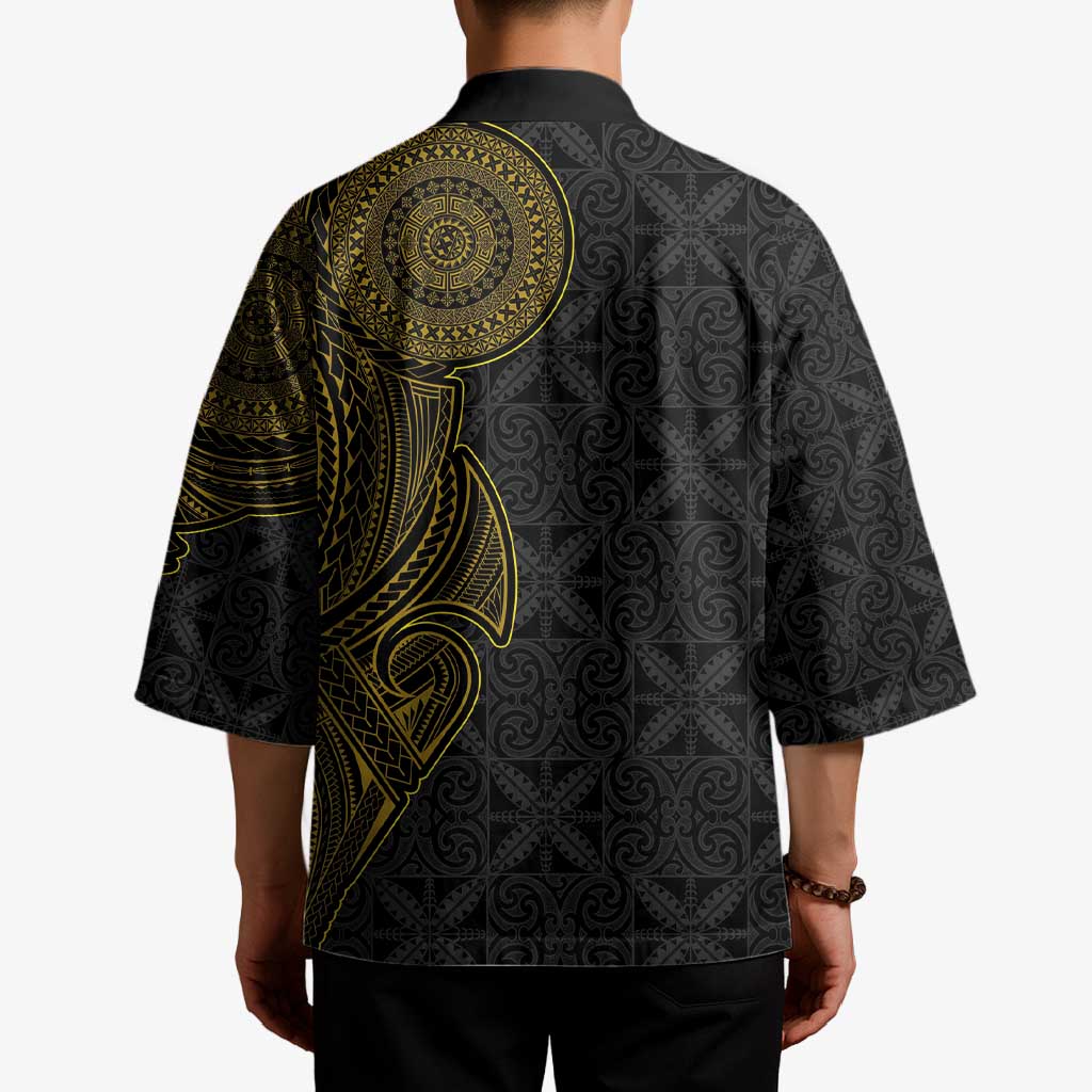 Niue Polynesian Hiapo Tattoo Art Kimono Half Style Black Gold Color - Polynesian Pride