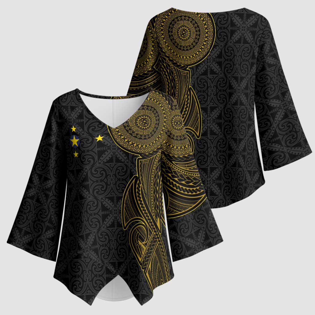 Niue Polynesian Hiapo Tattoo Art Kimono Sleeve Blouse Half Style Black Gold Color - Polynesian Pride