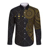 Niue Polynesian Hiapo Tattoo Art Long Sleeve Button Shirt Half Style Black Gold Color - Polynesian Pride