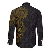 Niue Polynesian Hiapo Tattoo Art Long Sleeve Button Shirt Half Style Black Gold Color - Polynesian Pride