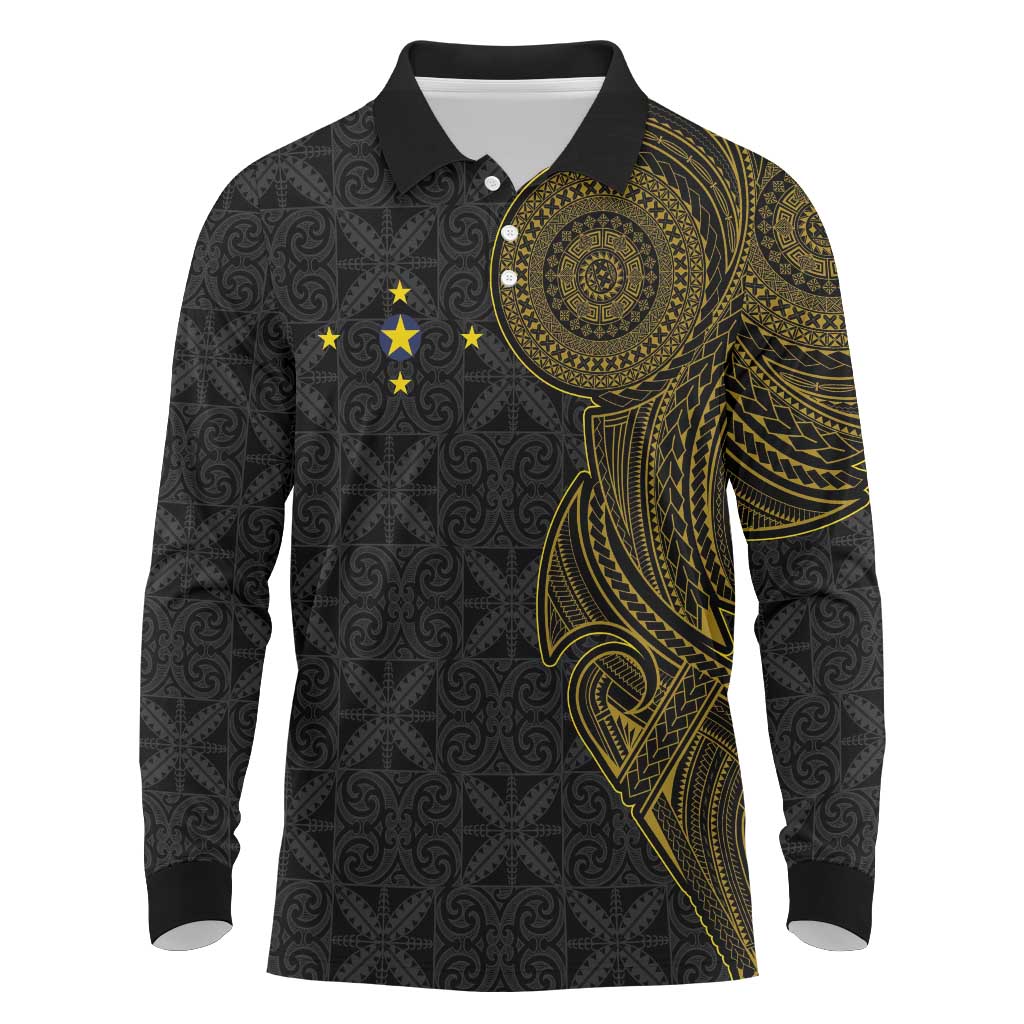 Niue Polynesian Hiapo Tattoo Art Long Sleeve Polo Shirt Half Style Black Gold Color - Polynesian Pride