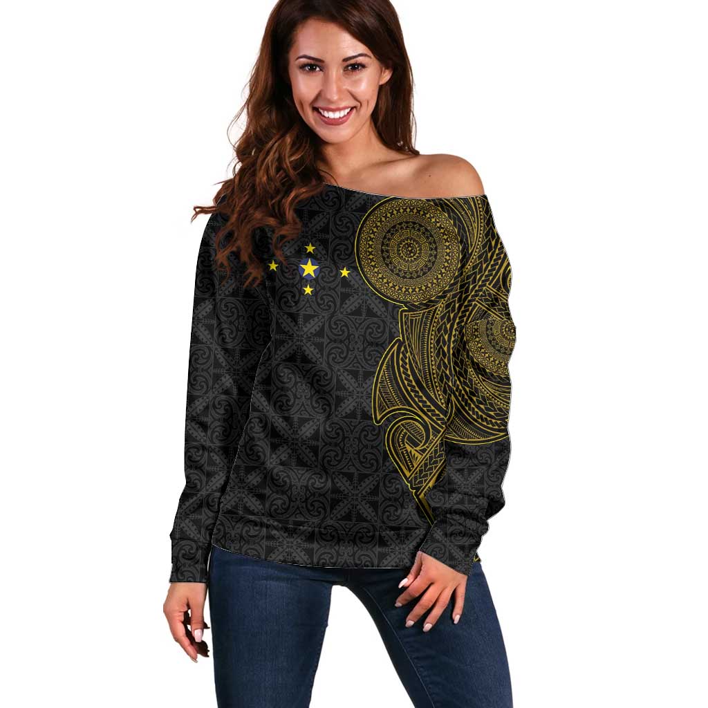 Niue Polynesian Hiapo Tattoo Art Off Shoulder Sweater Half Style Black Gold Color - Polynesian Pride