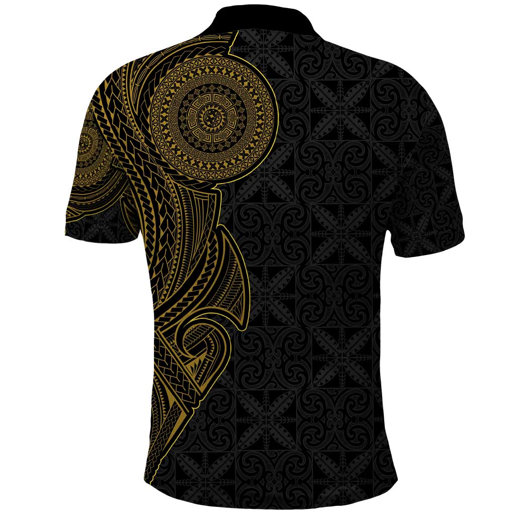 Niue Polynesian Hiapo Tattoo Art Polo Shirt Half Style Black Gold Color - Polynesian Pride