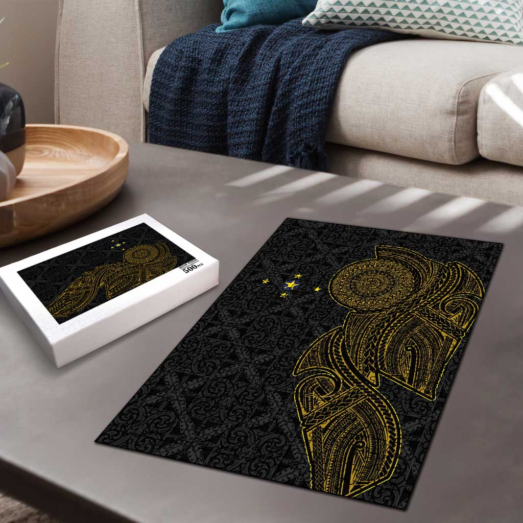 Niue Polynesian Hiapo Tattoo Art Puzzle Half Style Black Gold Color - Polynesian Pride