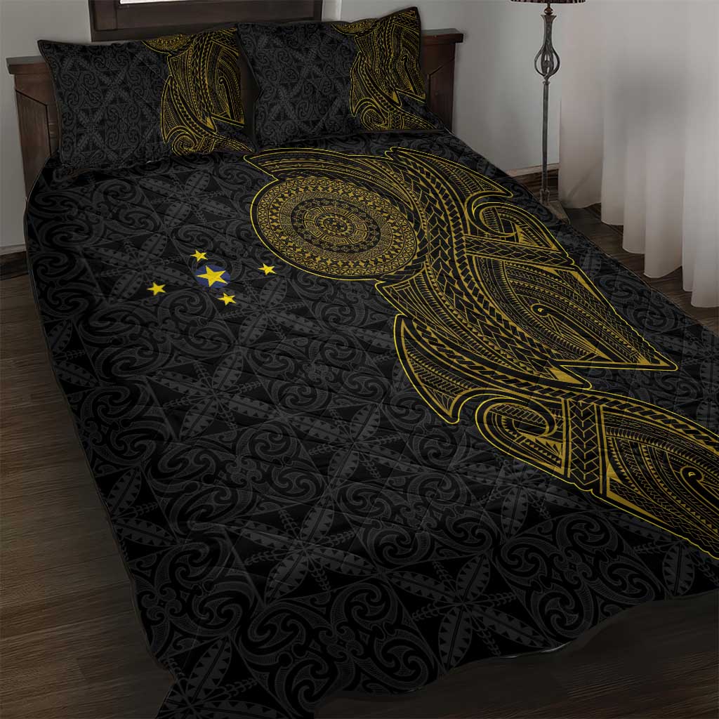 Niue Polynesian Hiapo Tattoo Art Quilt Bed Set Half Style Black Gold Color - Polynesian Pride