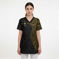 Niue Polynesian Hiapo Tattoo Art Scrub Top Half Style Black Gold Color - Polynesian Pride