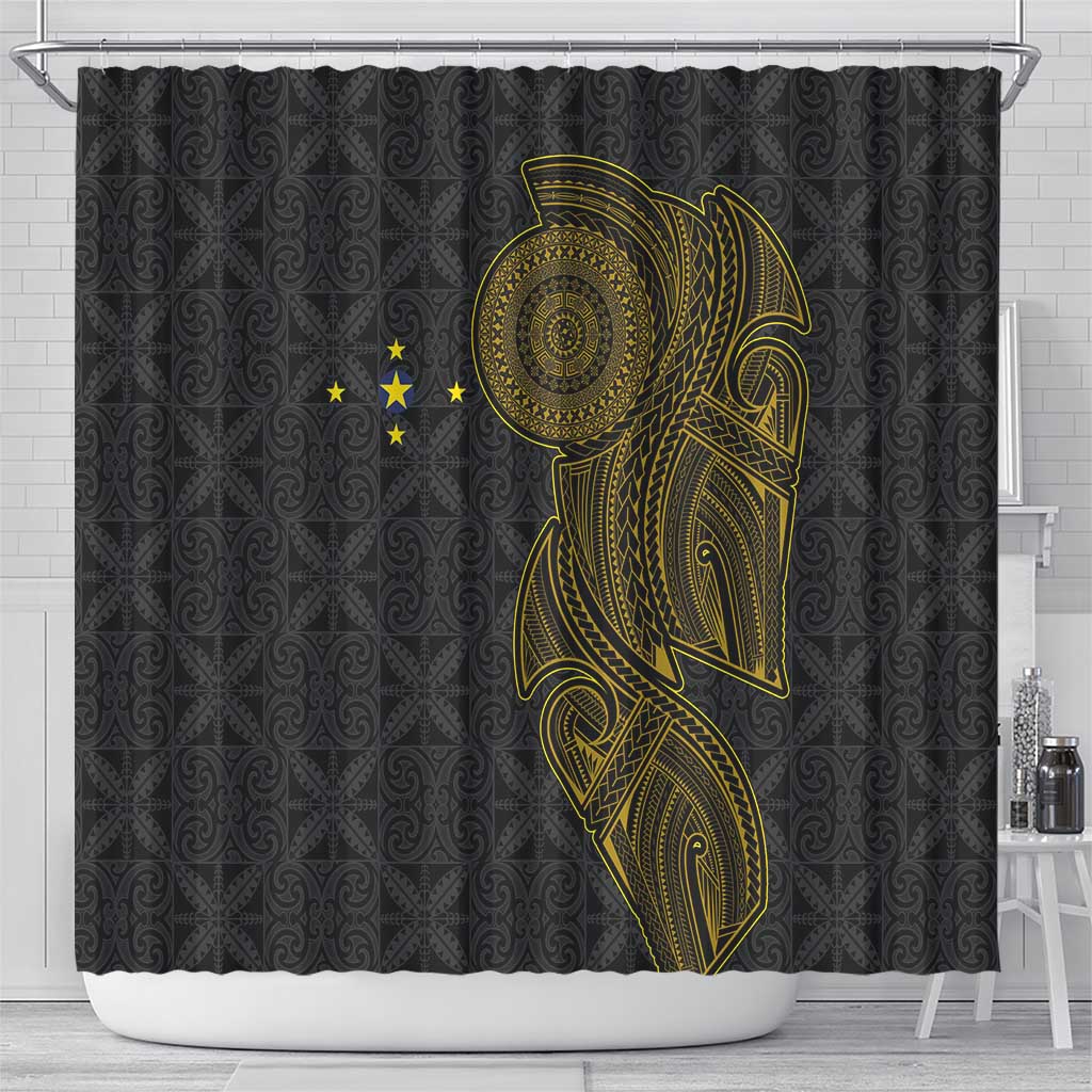 Niue Polynesian Hiapo Tattoo Art Shower Curtain Half Style Black Gold Color - Polynesian Pride