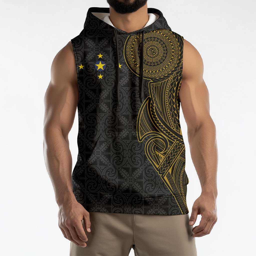Niue Polynesian Hiapo Tattoo Art Sleeveless Hoodie Half Style Black Gold Color - Polynesian Pride