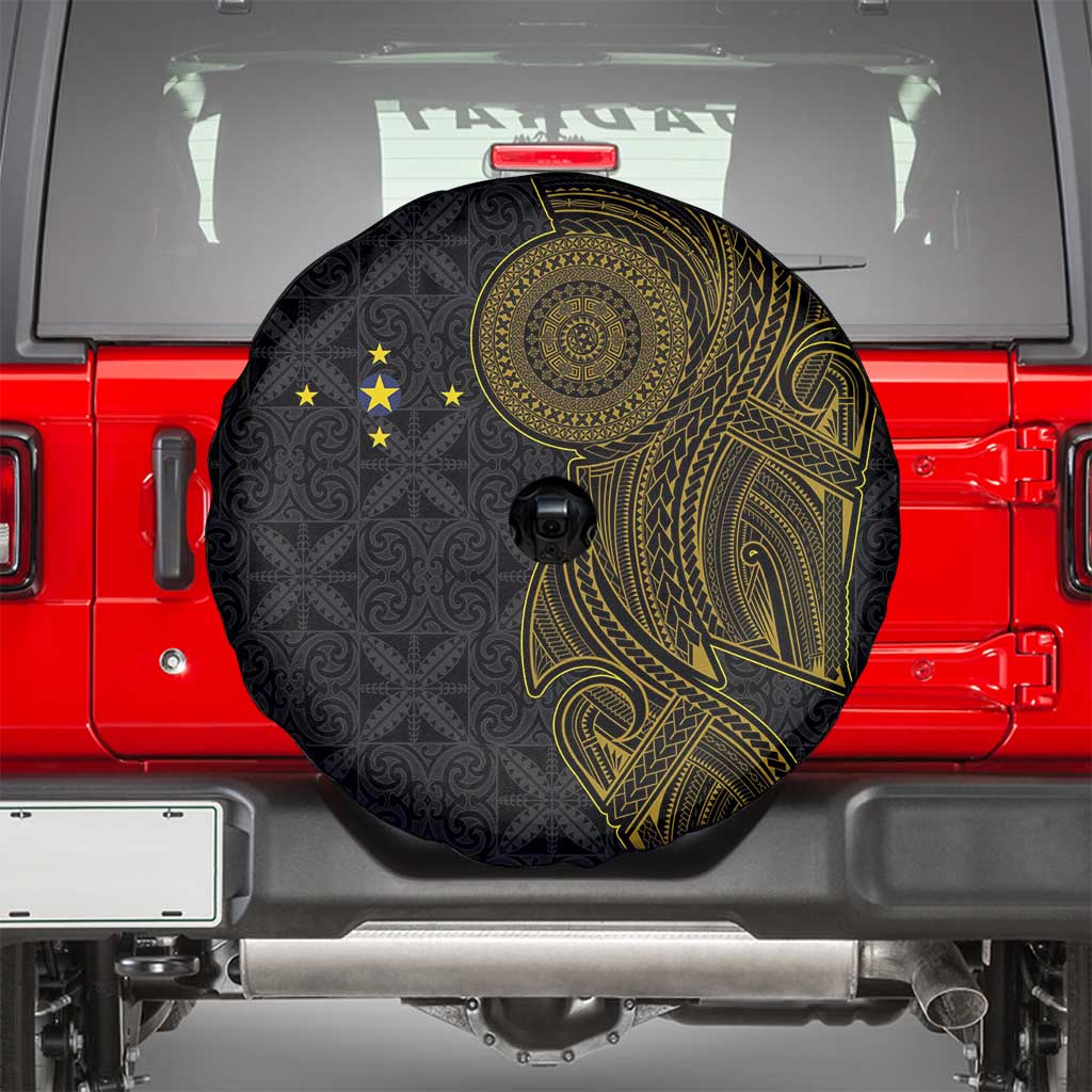 Niue Polynesian Hiapo Tattoo Art Spare Tire Cover Half Style Black Gold Color - Polynesian Pride