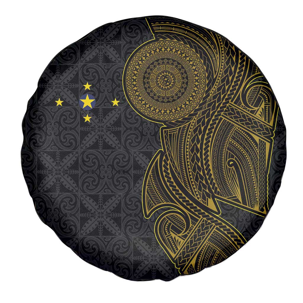 Niue Polynesian Hiapo Tattoo Art Spare Tire Cover Half Style Black Gold Color - Polynesian Pride