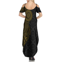 Niue Polynesian Hiapo Tattoo Art Summer Maxi Dress Half Style Black Gold Color - Polynesian Pride