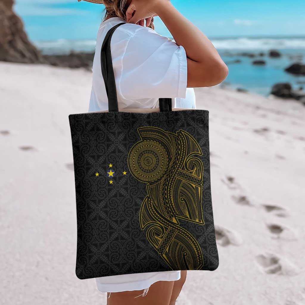 Niue Polynesian Hiapo Tattoo Art Tote Bag Half Style Black Gold Color - Polynesian Pride
