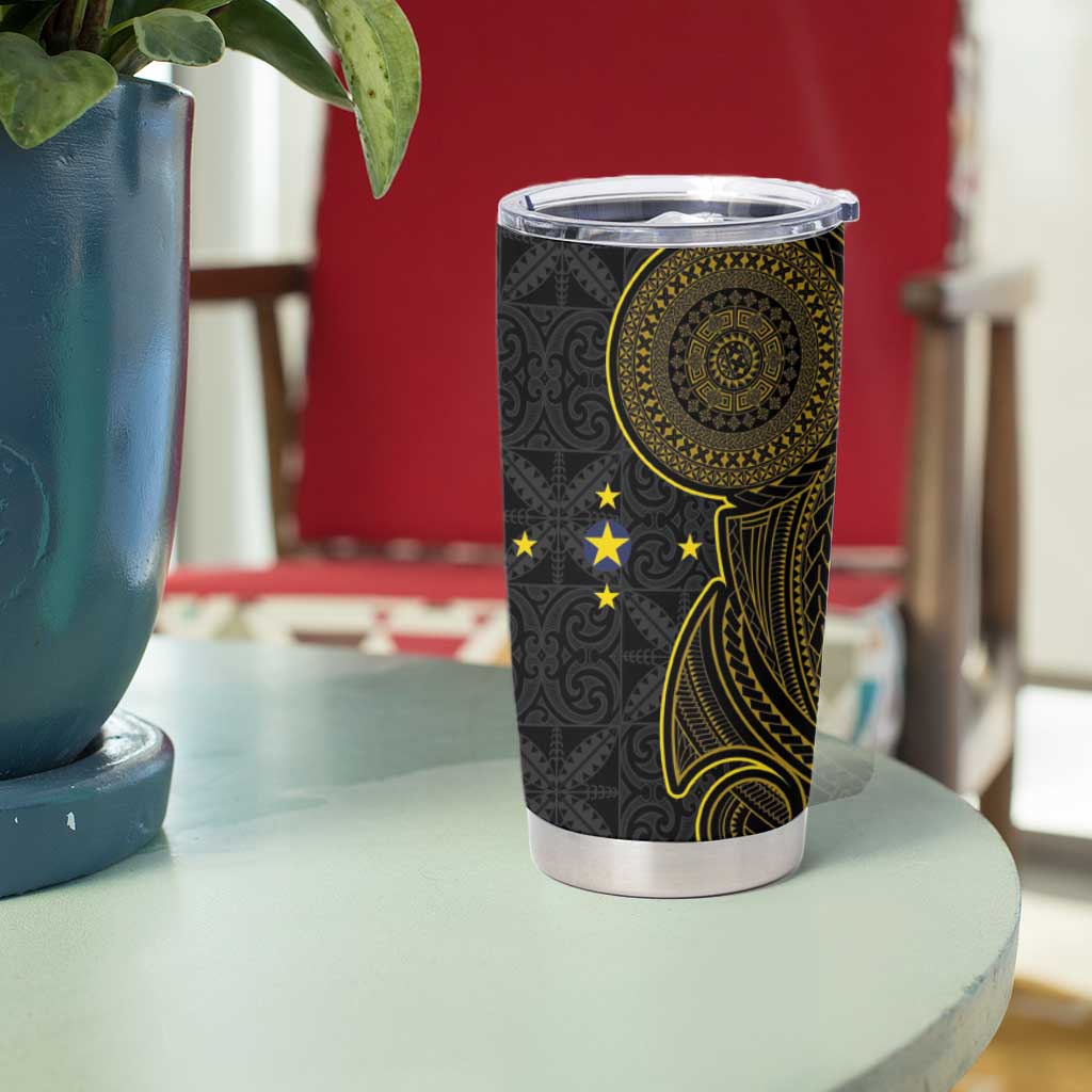 Niue Polynesian Hiapo Tattoo Art Tumbler Cup Half Style Black Gold Color - Polynesian Pride