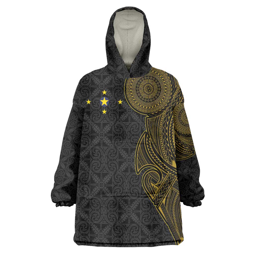 Niue Polynesian Hiapo Tattoo Art Wearable Blanket Hoodie Half Style Black Gold Color - Polynesian Pride