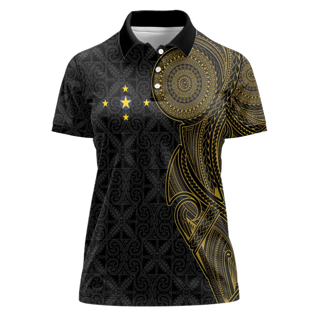 Niue Polynesian Hiapo Tattoo Art Women Polo Shirt Half Style Black Gold Color - Polynesian Pride