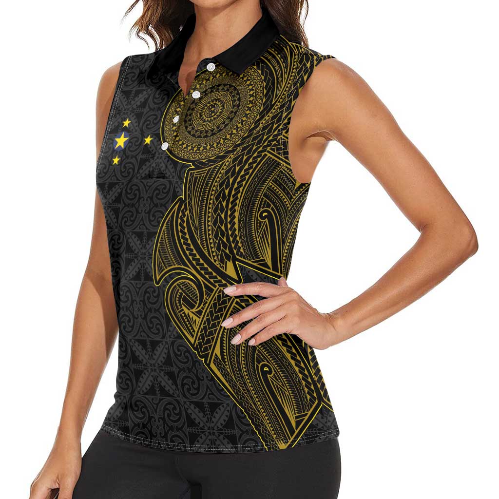Niue Polynesian Hiapo Tattoo Art Women Sleeveless Polo Shirt Half Style Black Gold Color - Polynesian Pride