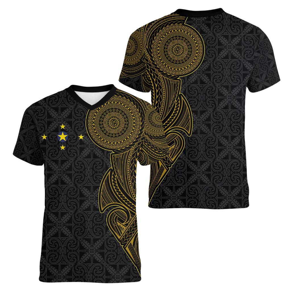 Niue Polynesian Hiapo Tattoo Art Women V-Neck T-Shirt Half Style Black Gold Color - Polynesian Pride