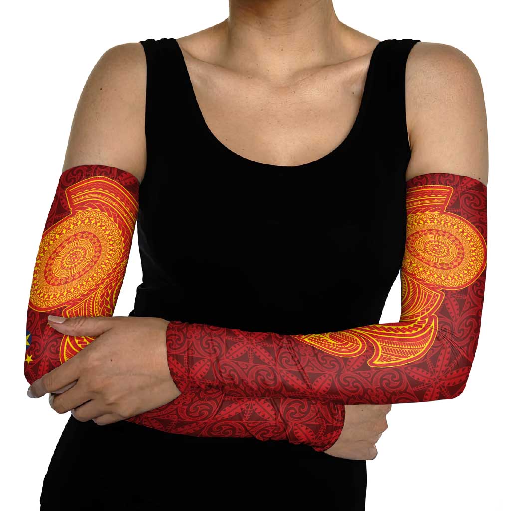 Niue Polynesian Hiapo Tattoo Art Arm Sleeves Half Style Red Yellow Color - Polynesian Pride
