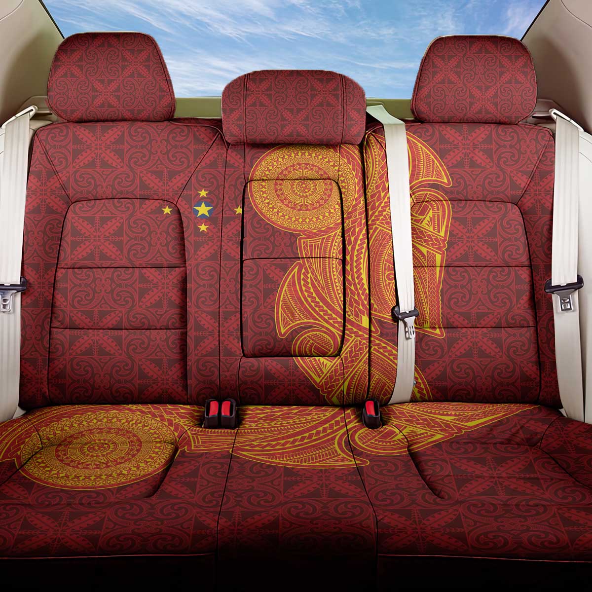 Niue Polynesian Hiapo Tattoo Art Back Car Seat Cover Half Style Red Yellow Color - Polynesian Pride