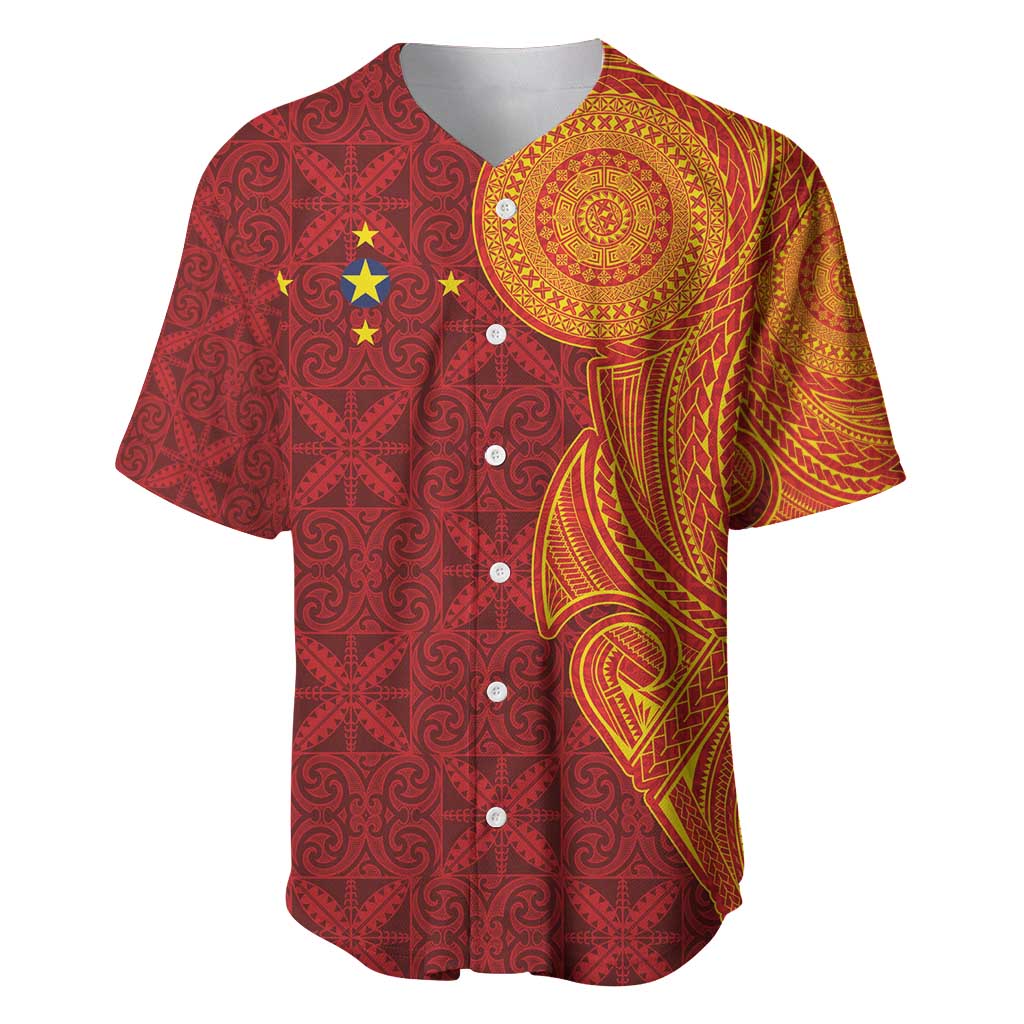 Niue Polynesian Hiapo Tattoo Art Baseball Jersey Half Style Red Yellow Color - Polynesian Pride