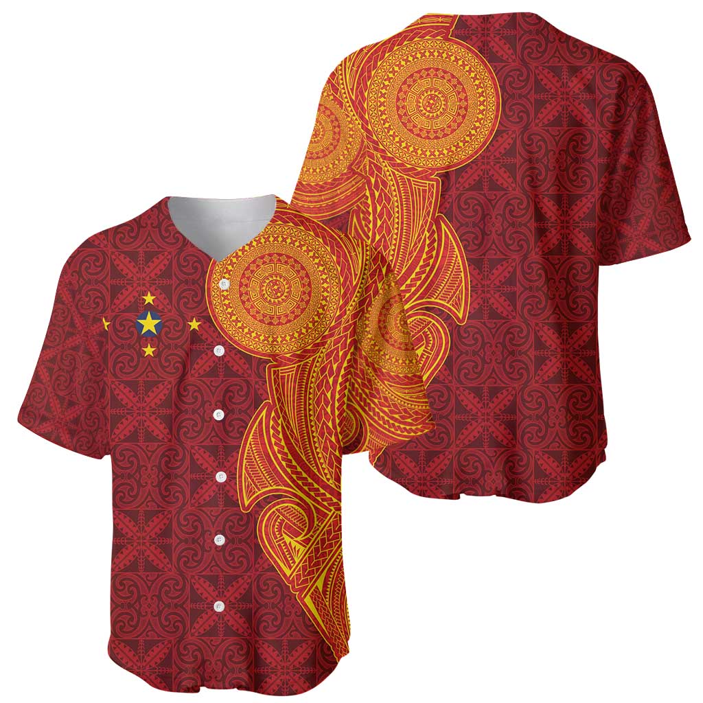 Niue Polynesian Hiapo Tattoo Art Baseball Jersey Half Style Red Yellow Color - Polynesian Pride