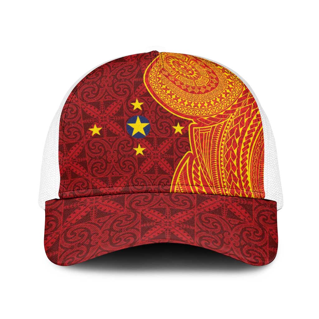 Niue Polynesian Hiapo Tattoo Art Baseball Net Cap Half Style Red Yellow Color - Polynesian Pride