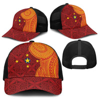 Niue Polynesian Hiapo Tattoo Art Baseball Net Cap Half Style Red Yellow Color - Polynesian Pride