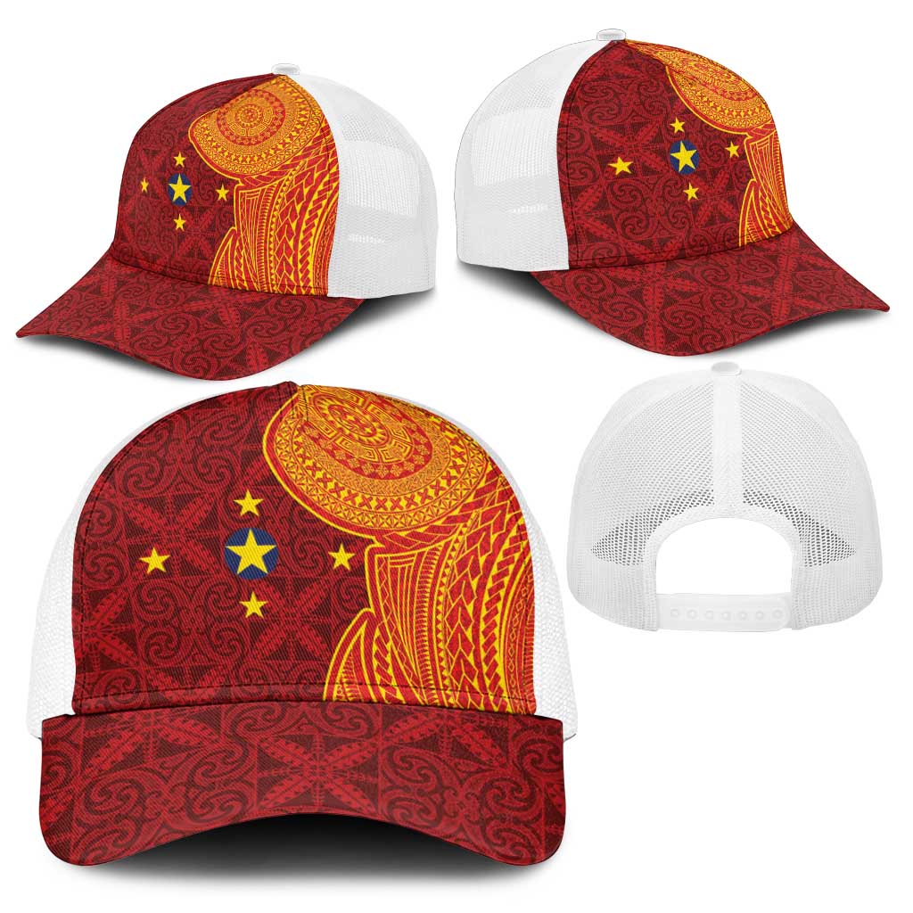 Niue Polynesian Hiapo Tattoo Art Baseball Net Cap Half Style Red Yellow Color - Polynesian Pride